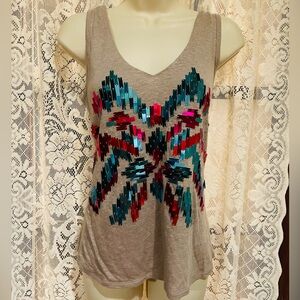 Vintage  sleeveless linen top with Aztec Metallic design small